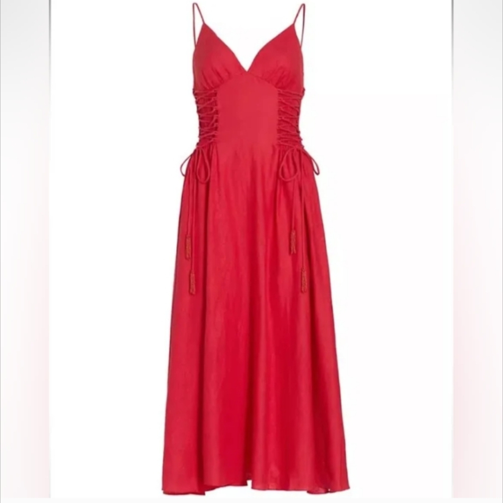 Farm rio Linen-Blend Lace-Up adjustable Midi-Dress red sz XL BNWT - Picture 6 of 7